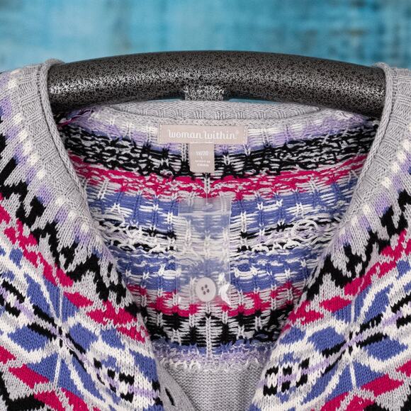 Woman Within Fair Isle Cable Knit Cardigan Sweater Size 18/20 100% Cotton Cozy - Picture 6 of 6